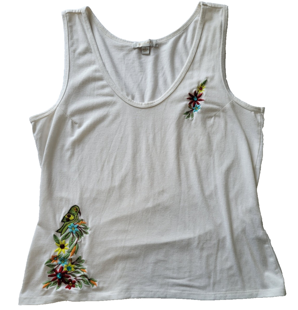 Bogari Womens L White Embroidered Tropical Bird Floral Tank Top Boho